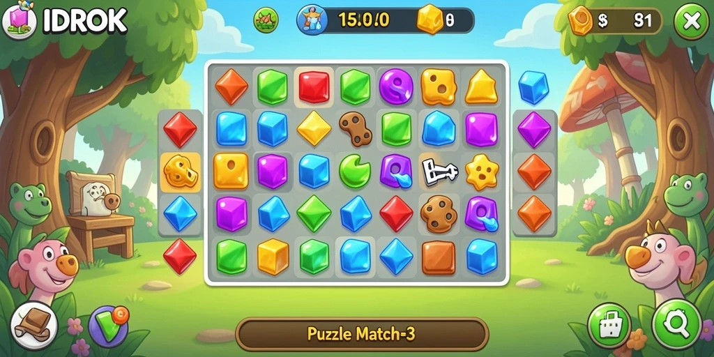 Tampilan antarmuka game Puzzle Match-3 IDROK yang ceria dan menarik.